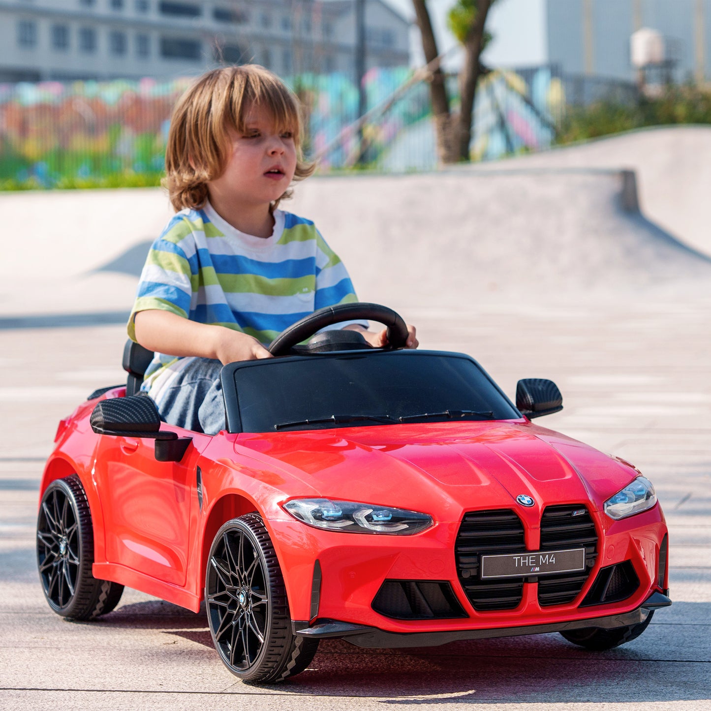 12V BMW M4 Licensed Kids Car with Easy Transport, Remote Control, Suspension, Music, Horn, LED Lights - Red by AIYAPLAY