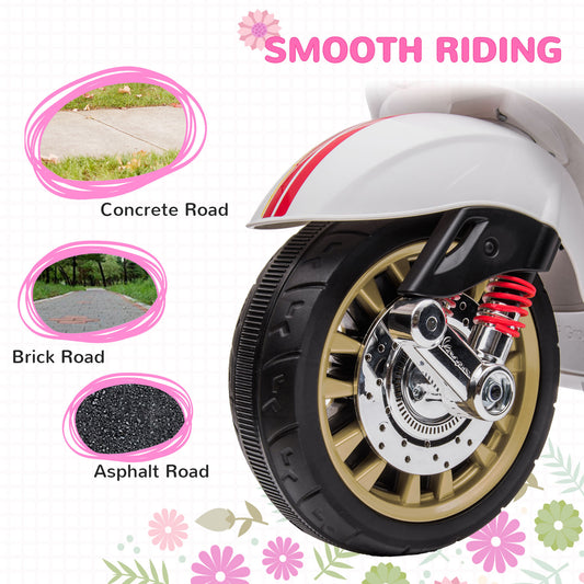 AIYAPLAY 12V Vespa Licensed Kids Electric Scooter Motorbike with Music, Headlights, FM Radio, for 3-6 Years in White