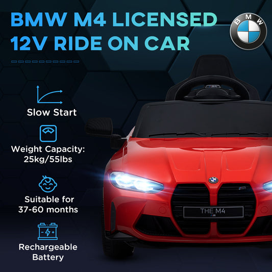 12V BMW M4 Licensed Kids Car with Easy Transport, Remote Control, Suspension, Music, Horn, LED Lights - Red by AIYAPLAY