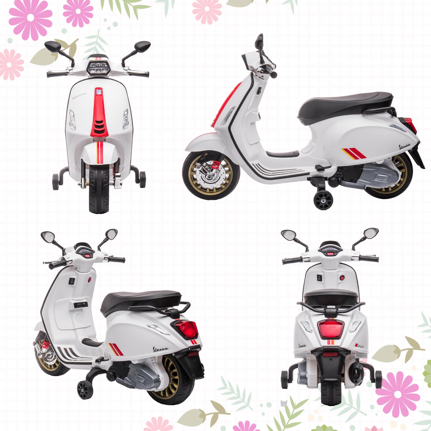 AIYAPLAY 12V Vespa Licensed Kids Electric Scooter Motorbike with Music, Headlights, FM Radio, for 3-6 Years in White