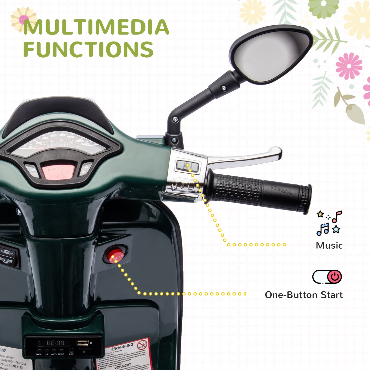 AIYAPLAY 12V Vespa Licensed Kids Electric Scooter Motorbike with Music, Headlights, FM Radio, for 3-6 Years in Green