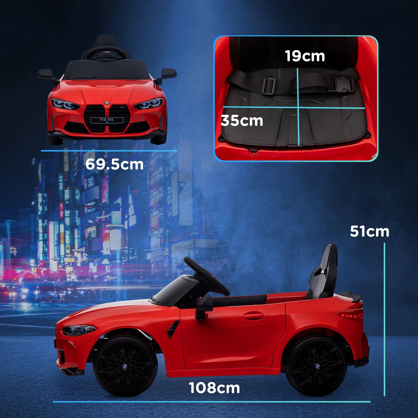 12V BMW M4 Licensed Kids Car with Easy Transport, Remote Control, Suspension, Music, Horn, LED Lights - Red by AIYAPLAY