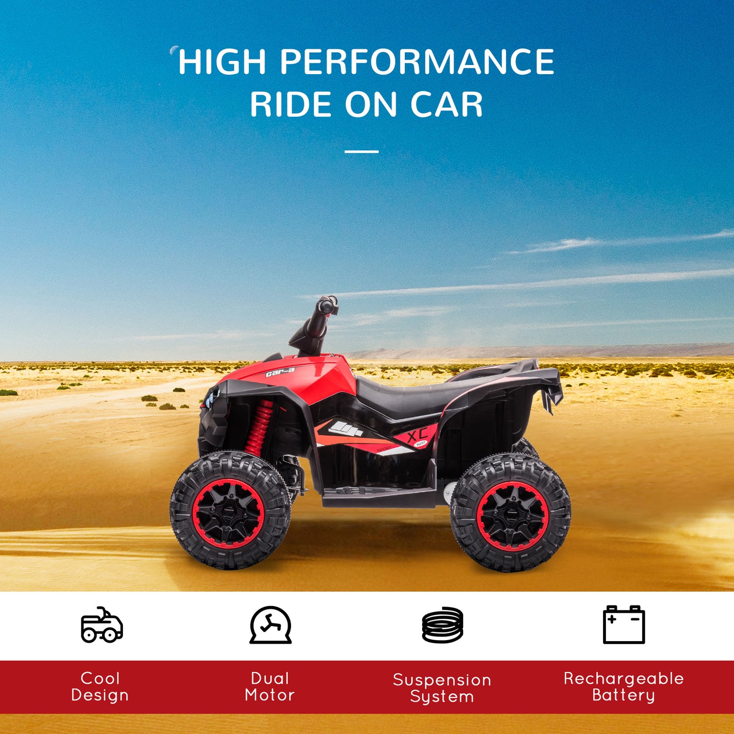 12V Ride-On Quad Bike w/ Music, Horn, for Ages 3-5 Years - Red | HOMCOM