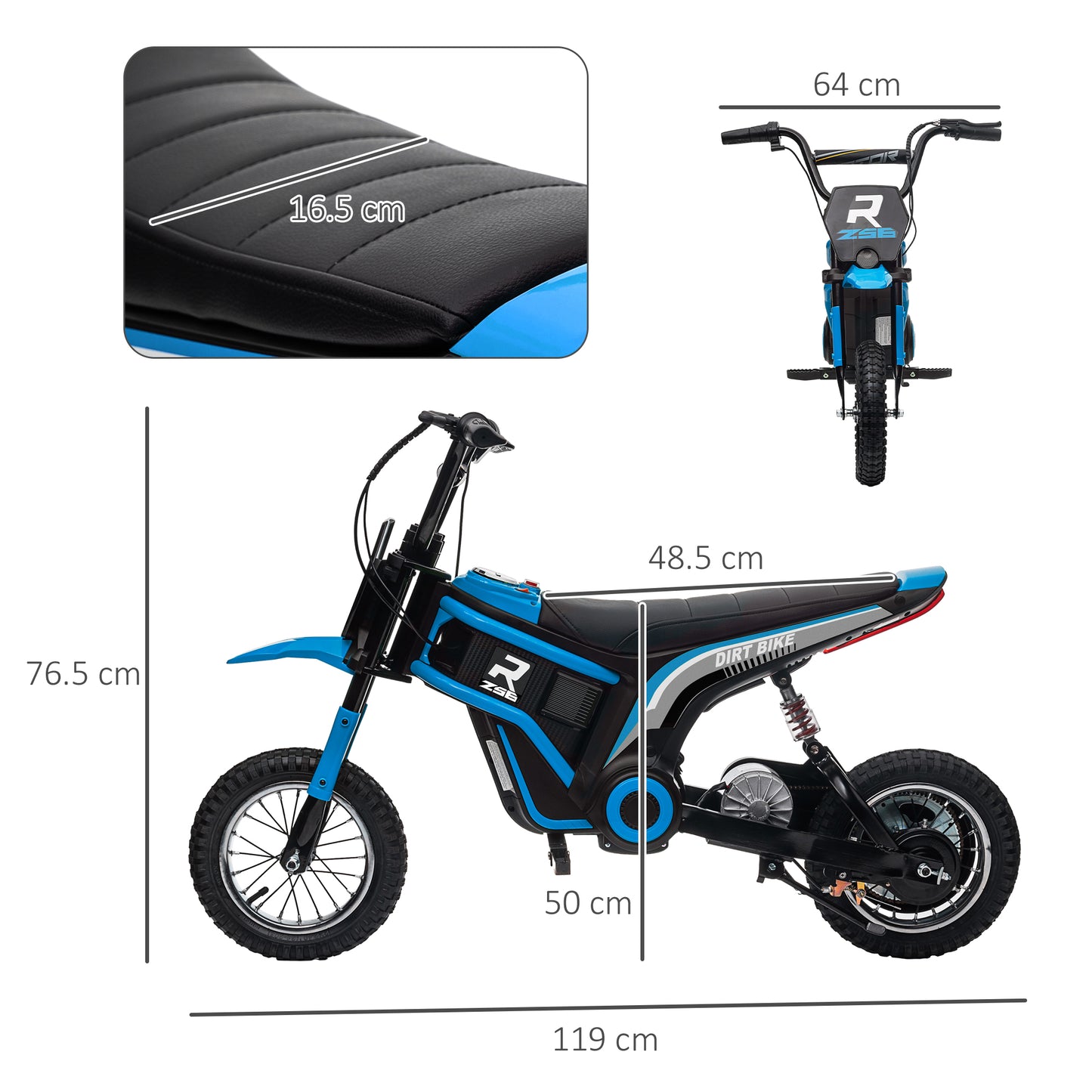 HOMCOM 24V Electric Motorbike with Twist Grip Throttle, Music, Horn, 12" Pneumatic Tyres, 16km/h Max Speed in Blue