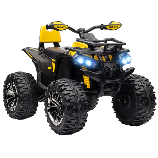 HOMCOM 12V Quad Bike ATV with LED Lights, Music, Backrest, Forward, Backward in Yellow