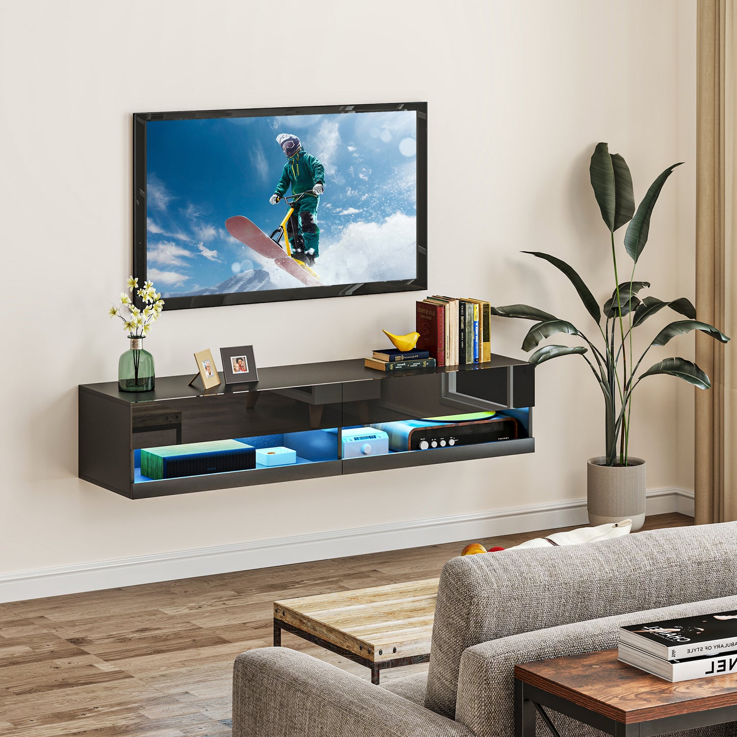 HOMCOM Floating TV Unit Wall Mounted TV Cabinet, High Gloss Media Wall Unit with LED Lights, Storages Shelves for Living Entertainment Room in Black