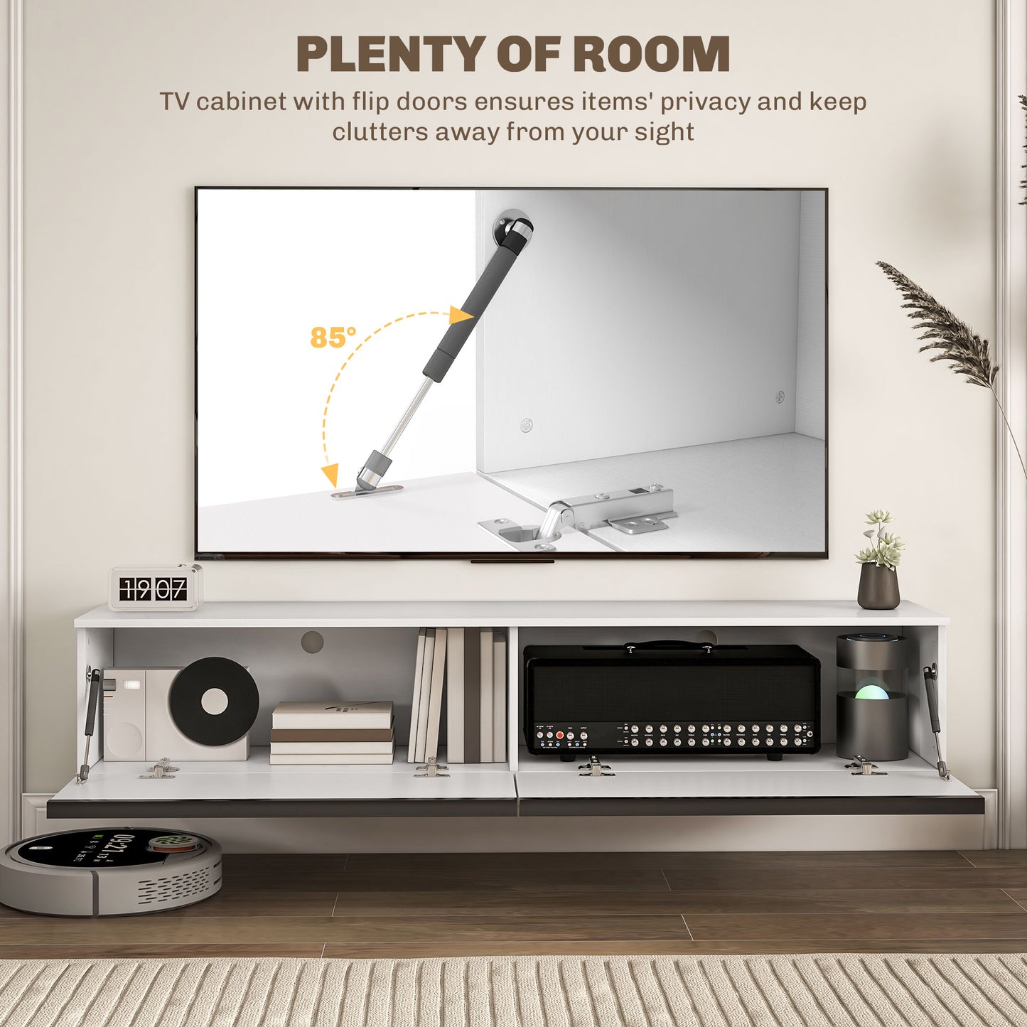 160cm High Gloss Floating TV Unit Stand for TVs up to 70", Wall Mounted TV Cabinet with Storage Cupboards in White by HOMCOM