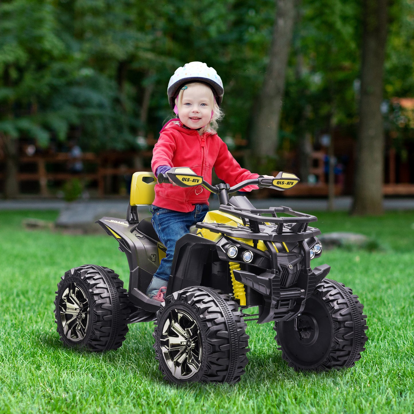 HOMCOM 12V Quad Bike ATV with LED Lights, Music, Backrest, Forward, Backward in Yellow