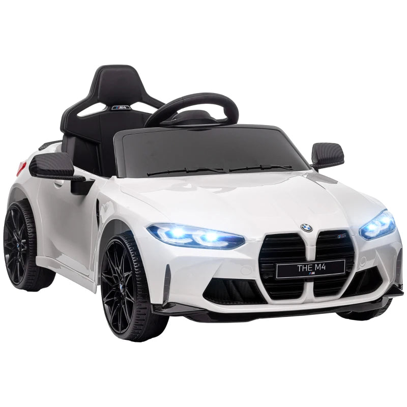12V BMW M4 Licensed Kids Car with Easy Transport, Remote Control, Suspension, Music, Horn, LED Lights in White by AIYAPLAY