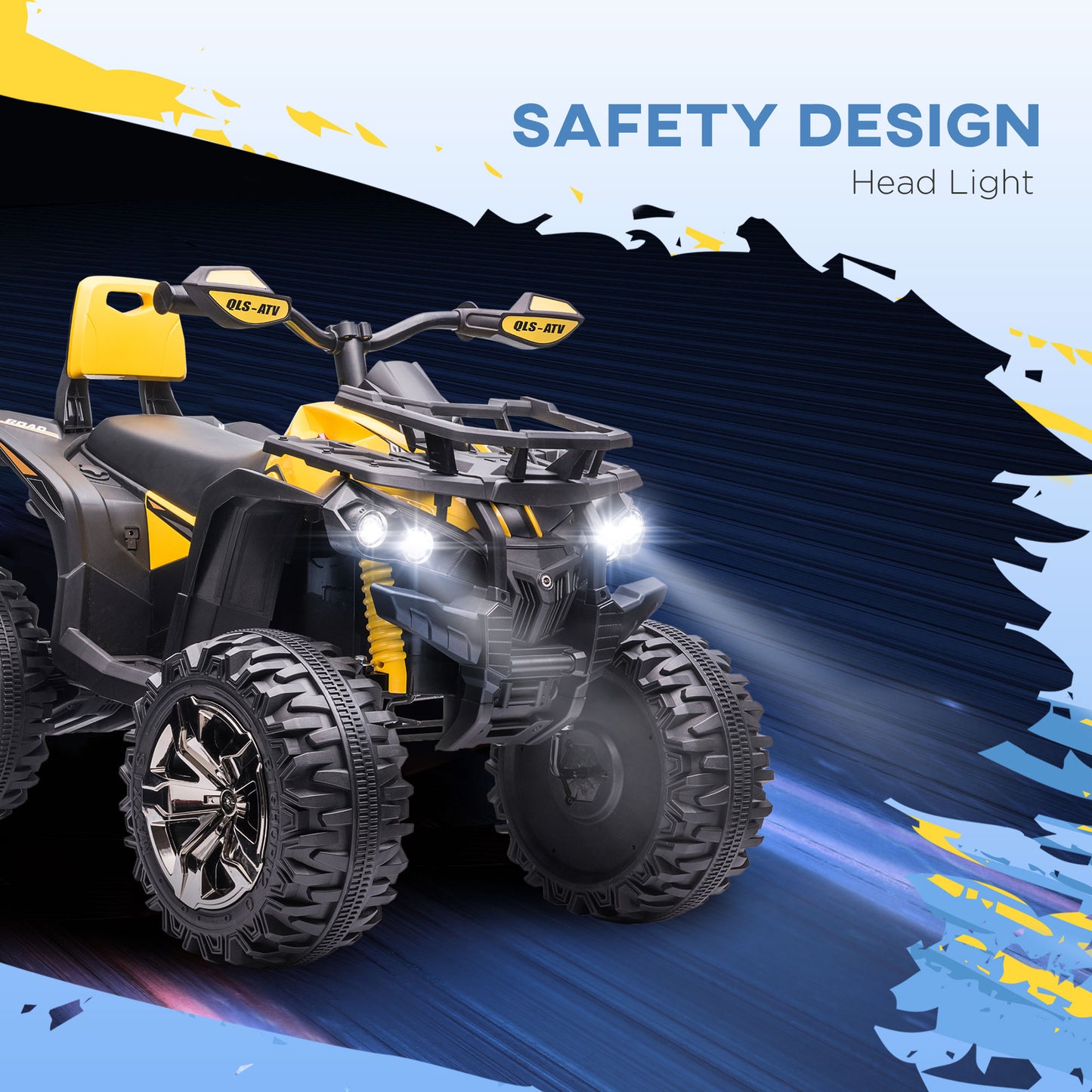 HOMCOM 12V Quad Bike ATV with LED Lights, Music, Backrest, Forward, Backward in Yellow