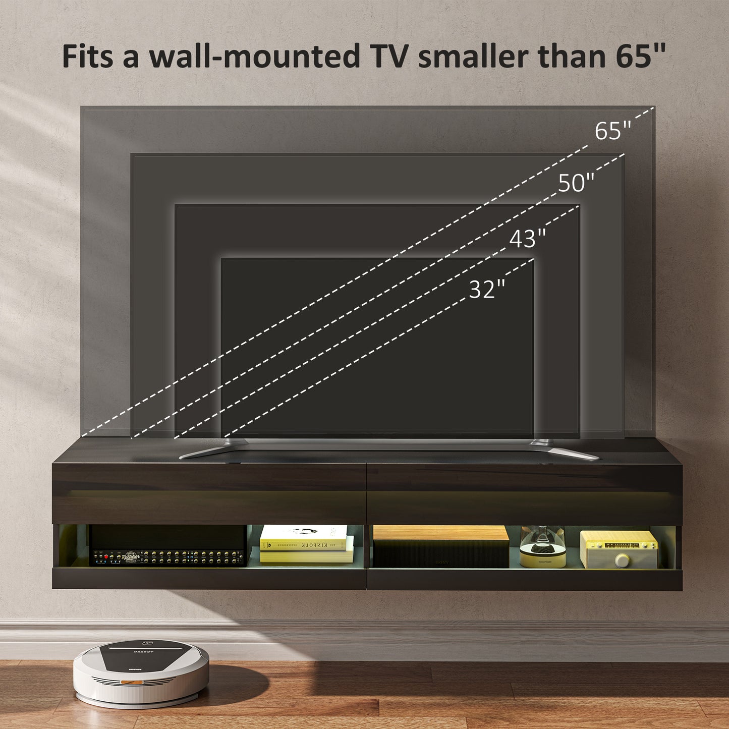 HOMCOM Floating TV Unit Wall Mounted TV Cabinet, High Gloss Media Wall Unit with LED Lights, Storages Shelves for Living Entertainment Room in Black