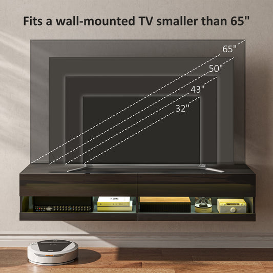 HOMCOM Floating TV Unit Wall Mounted TV Cabinet, High Gloss Media Wall Unit with LED Lights, Storages Shelves for Living Entertainment Room in Black