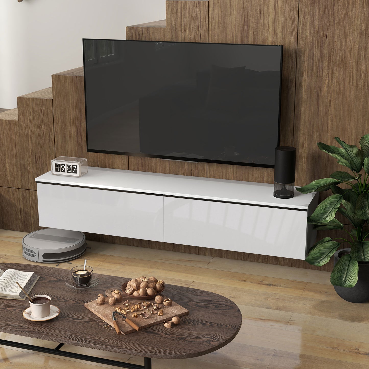 160cm High Gloss Floating TV Unit Stand for TVs up to 70", Wall Mounted TV Cabinet with Storage Cupboards in White by HOMCOM