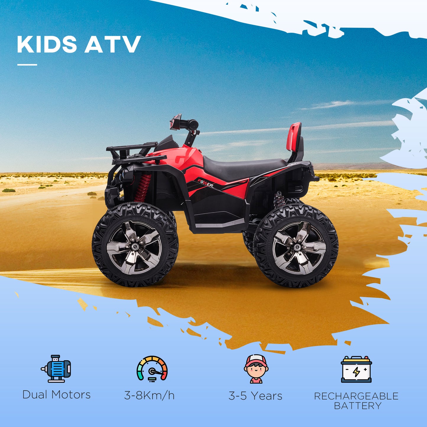 HOMCOM 12V Quad Bike ATV with LED Lights, Music, Backrest, Forward, Backward in Red