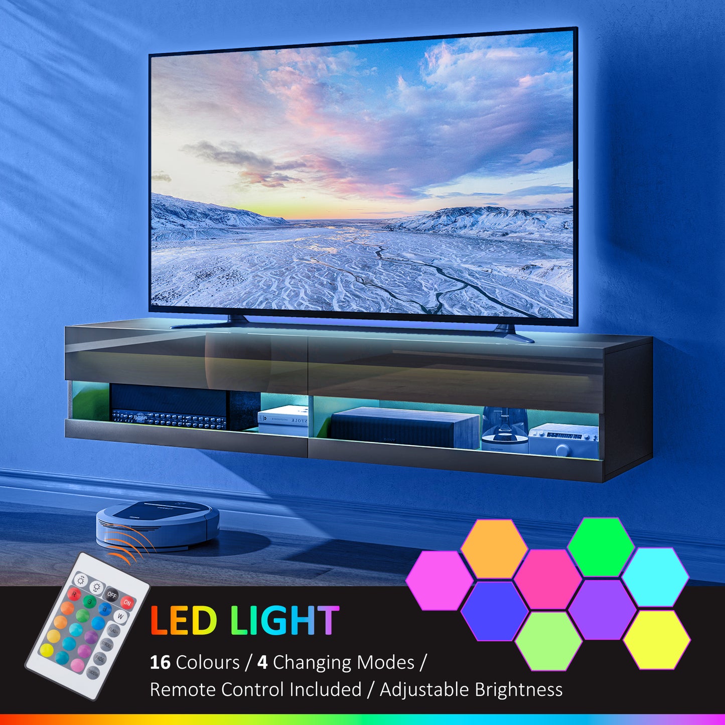 HOMCOM Floating TV Unit Wall Mounted TV Cabinet, High Gloss Media Wall Unit with LED Lights, Storages Shelves for Living Entertainment Room in Black