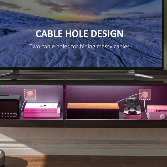 HOMCOM Floating TV Unit Wall Mounted TV Cabinet, High Gloss Media Wall Unit with LED Lights, Storages Shelves for Living Entertainment Room in Black