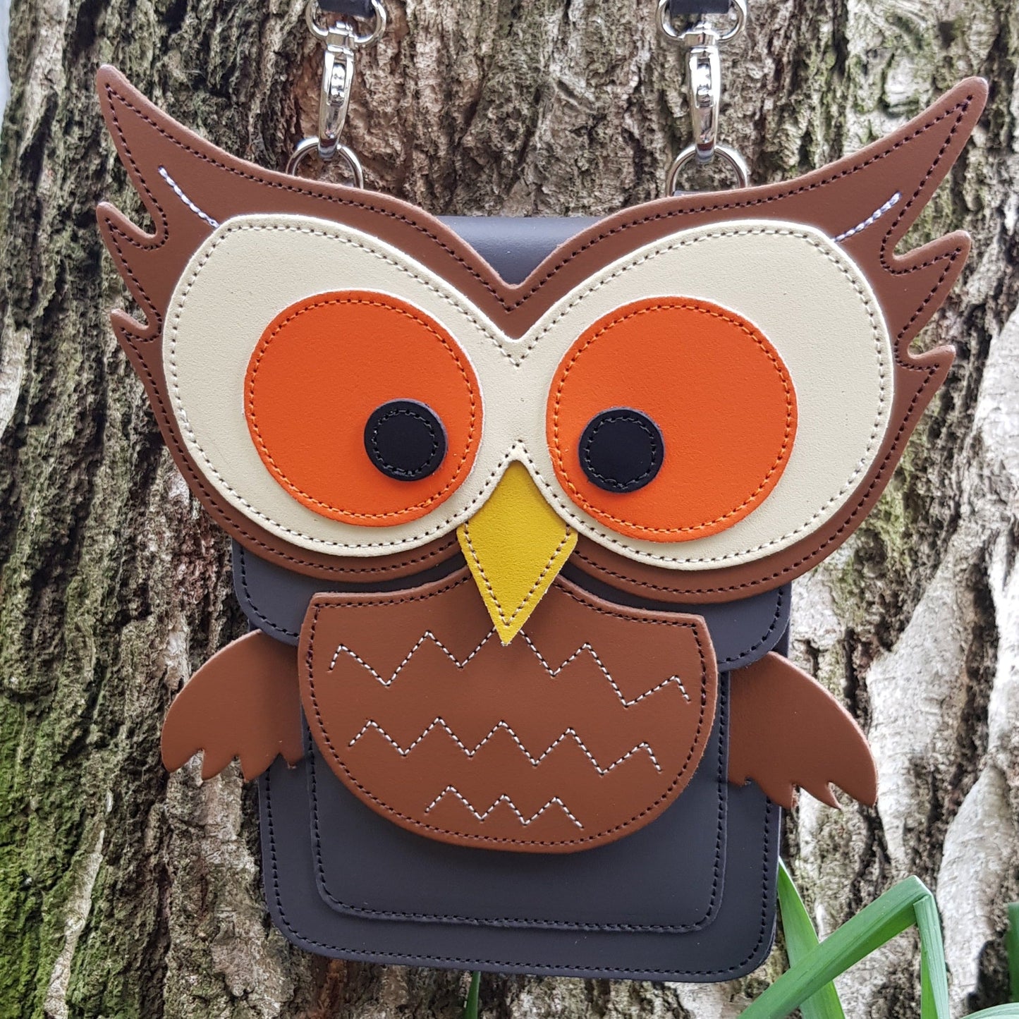 Handmade Leather Mobile Phone Pouch Plus - Hoot Owl - Graphite