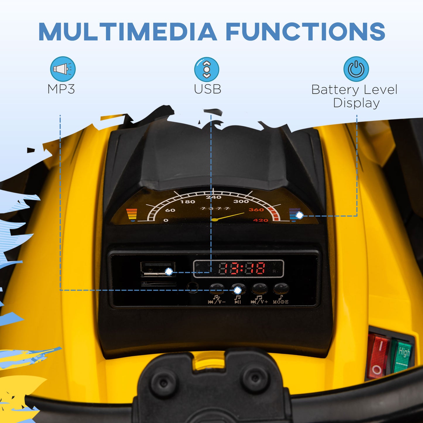 HOMCOM 12V Quad Bike ATV with LED Lights, Music, Backrest, Forward, Backward in Yellow