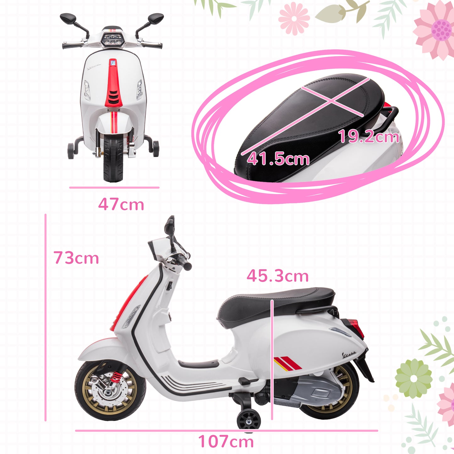 AIYAPLAY 12V Vespa Licensed Kids Electric Scooter Motorbike with Music, Headlights, FM Radio, for 3-6 Years in White
