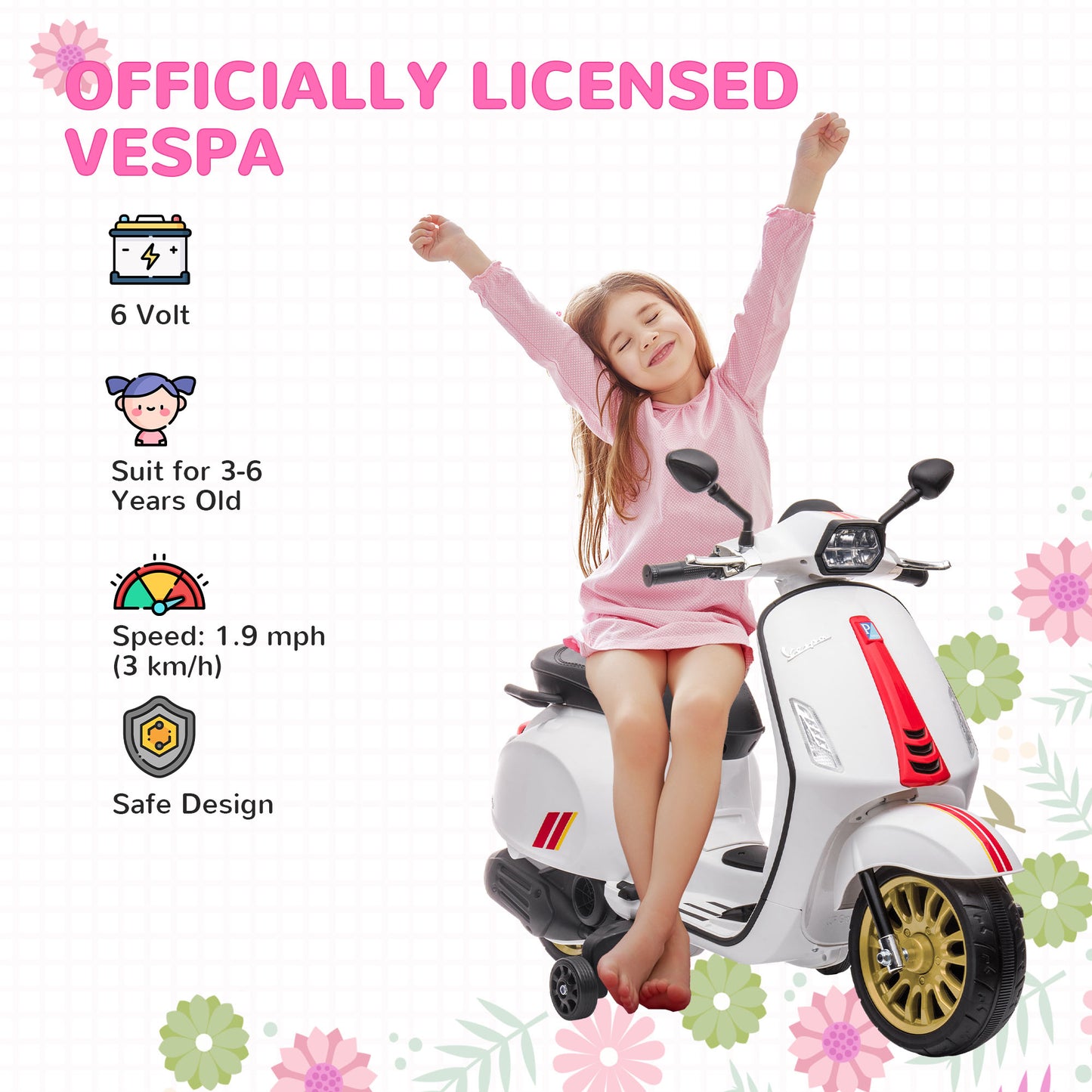 AIYAPLAY 12V Vespa Licensed Kids Electric Scooter Motorbike with Music, Headlights, FM Radio, for 3-6 Years in White