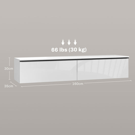 160cm High Gloss Floating TV Unit Stand for TVs up to 70", Wall Mounted TV Cabinet with Storage Cupboards in White by HOMCOM