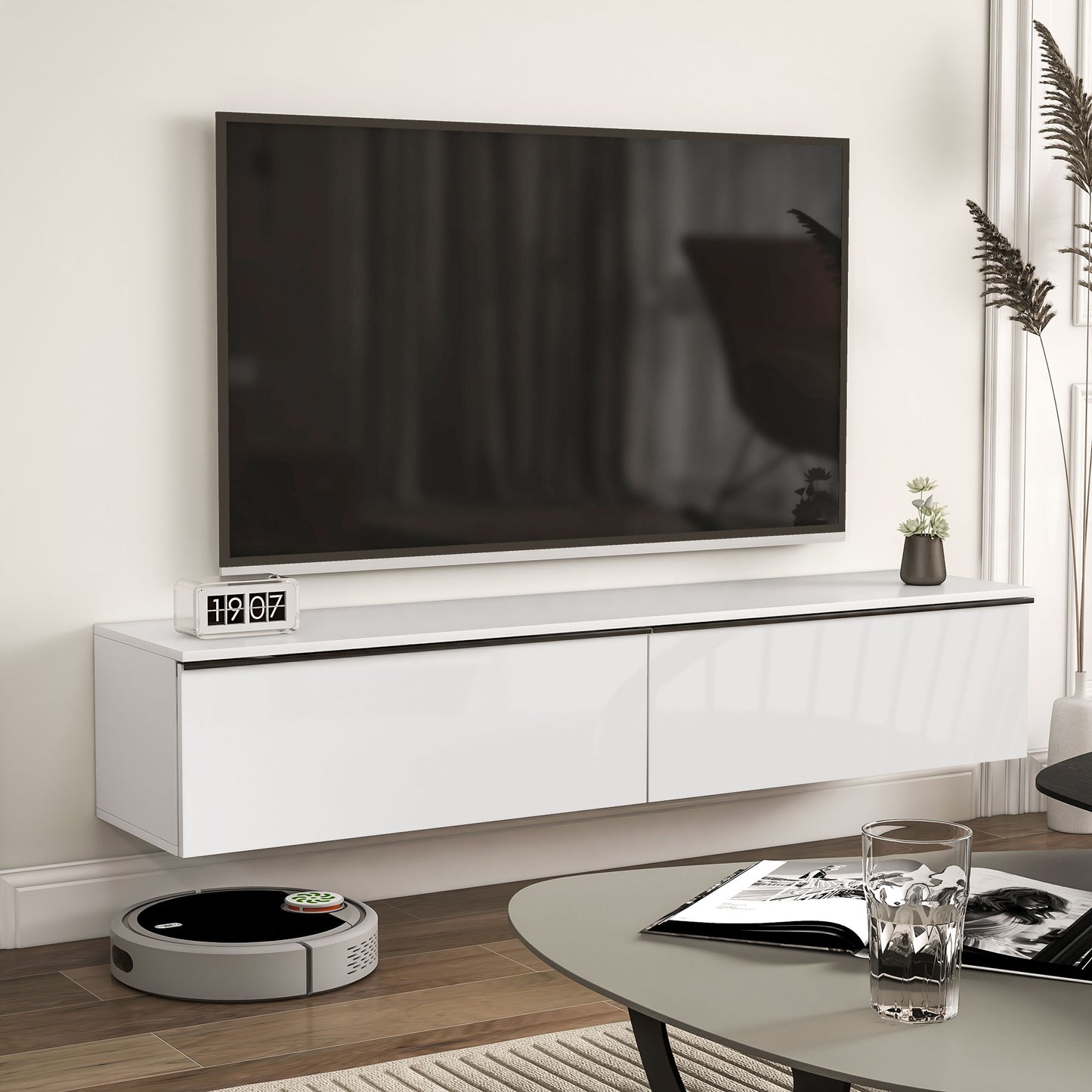 160cm High Gloss Floating TV Unit Stand for TVs up to 70", Wall Mounted TV Cabinet with Storage Cupboards in White by HOMCOM