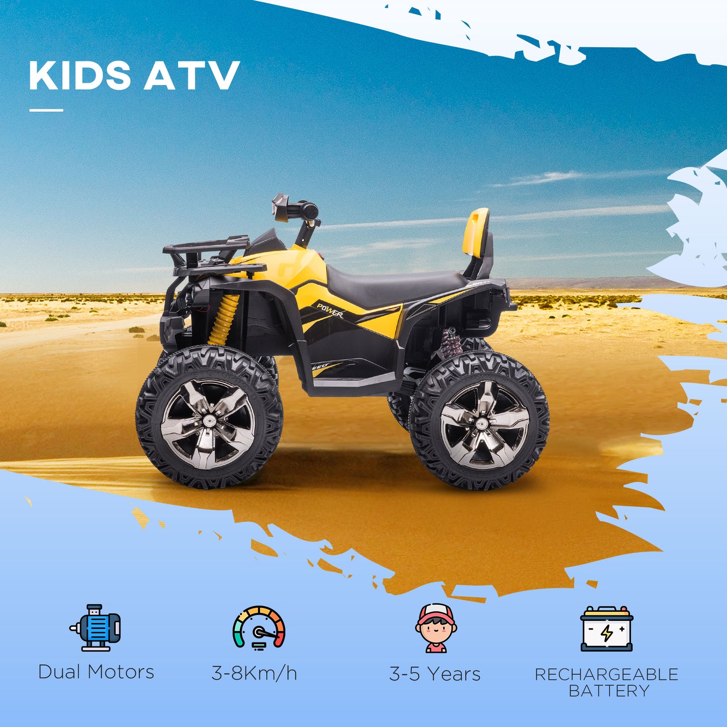 HOMCOM 12V Quad Bike ATV with LED Lights, Music, Backrest, Forward, Backward in Yellow