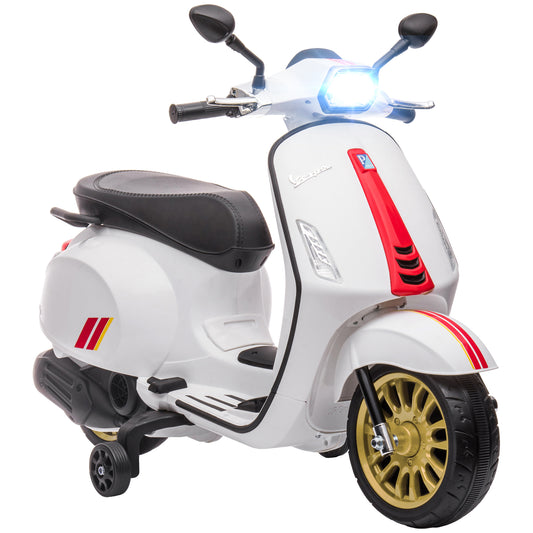 AIYAPLAY 12V Vespa Licensed Kids Electric Scooter Motorbike with Music, Headlights, FM Radio, for 3-6 Years in White