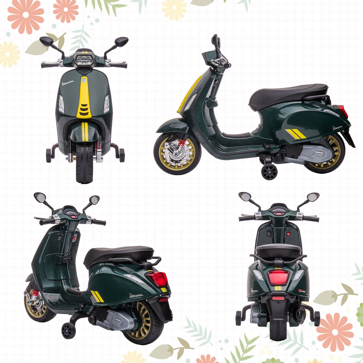 AIYAPLAY 12V Vespa Licensed Kids Electric Scooter Motorbike with Music, Headlights, FM Radio, for 3-6 Years in Green