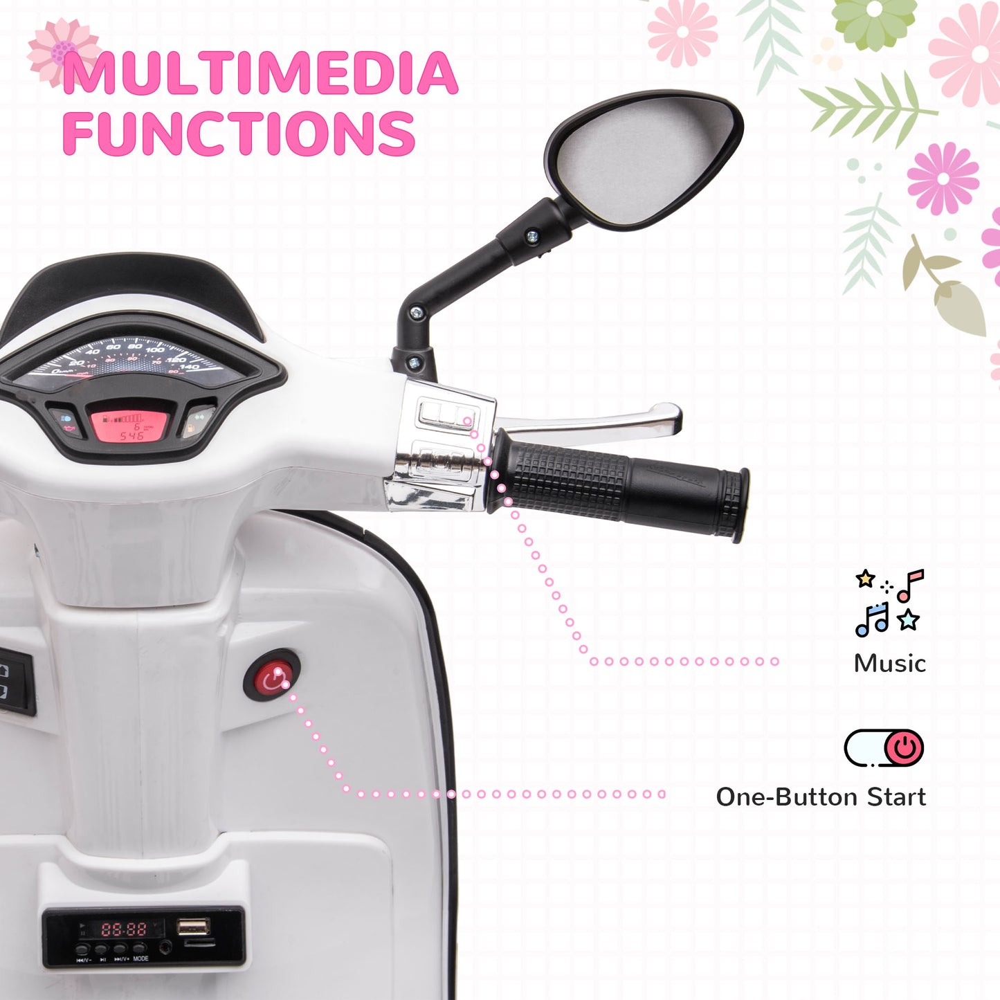 AIYAPLAY 12V Vespa Licensed Kids Electric Scooter Motorbike with Music, Headlights, FM Radio, for 3-6 Years in White