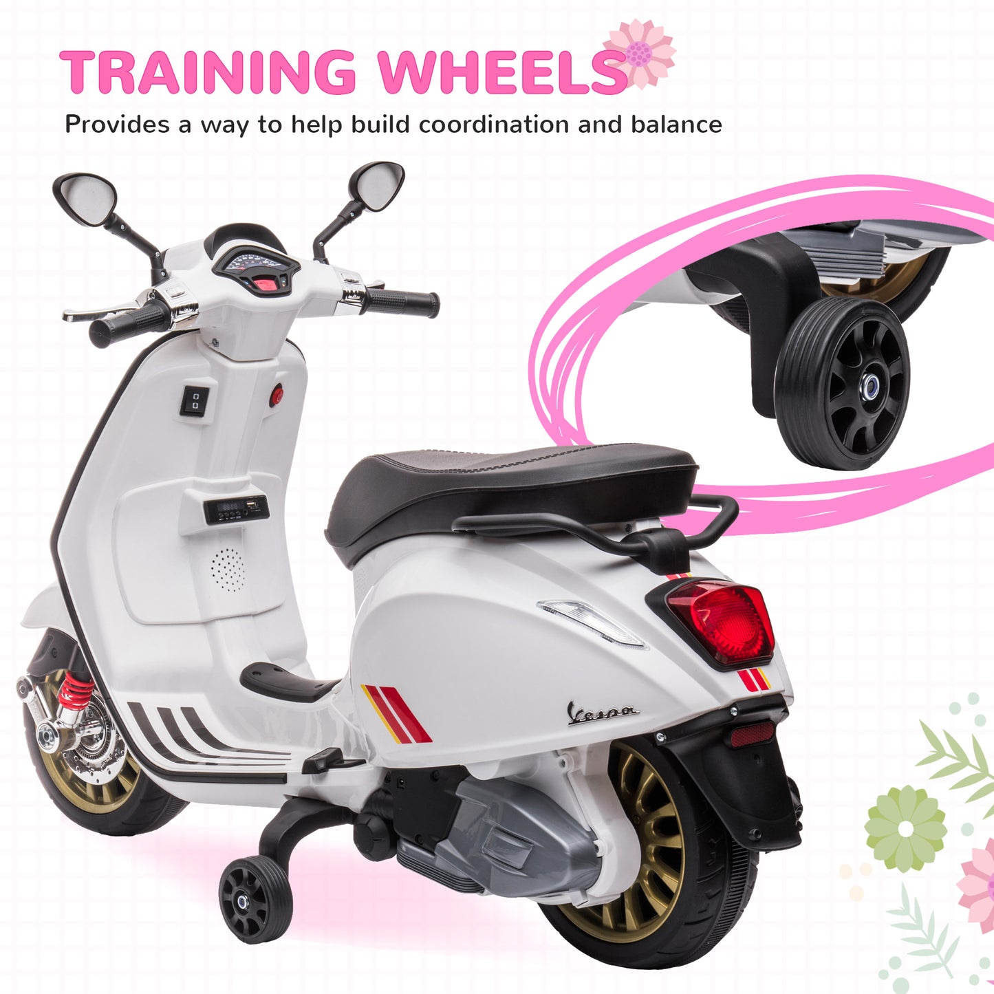 AIYAPLAY 12V Vespa Licensed Kids Electric Scooter Motorbike with Music, Headlights, FM Radio, for 3-6 Years in White